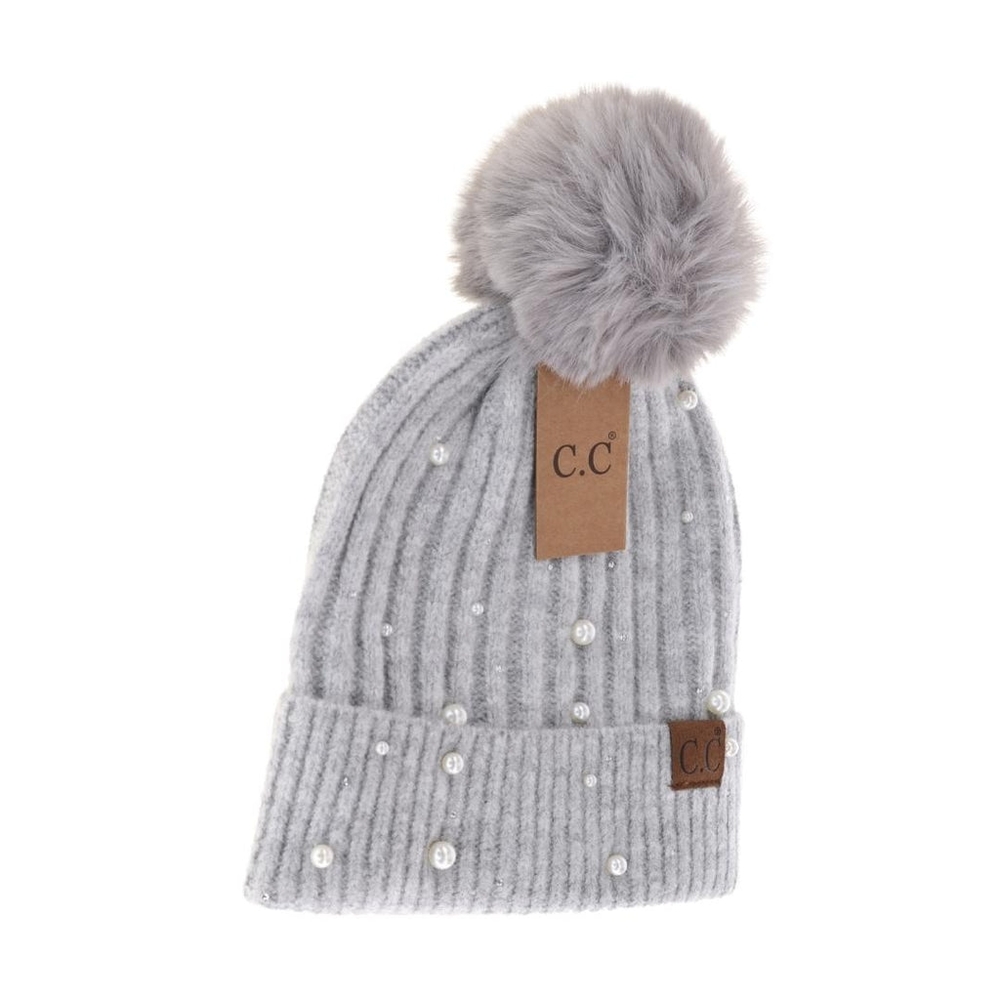 Pearl Embellished Faux Fur Pom C.C Beanie